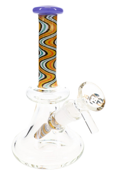 6" wholesale water pipe with purple rim, wavy multicolor reverse neck, and clear beaker base for showcase sales.