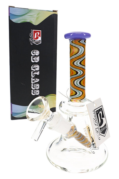 6" wholesale water pipe with purple rim, multicolor reverse neck, clear 14.5 mm bowl, and 6B Glass retail box.