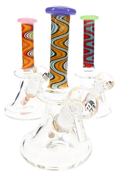 Assorted 6" wholesale water pipes with pink, purple, and green rims plus colorful reverse neck patterns.