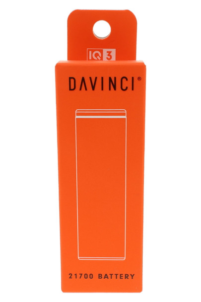 Orange DaVinci IQ3 21700 battery retail box, front-facing package image for vape shop accessory listings