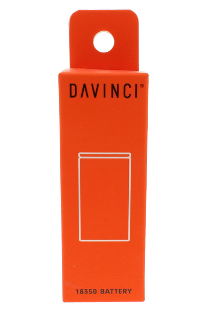Orange DaVinci 18350 battery retail box, front-facing package image for smoke shop accessory merchandising