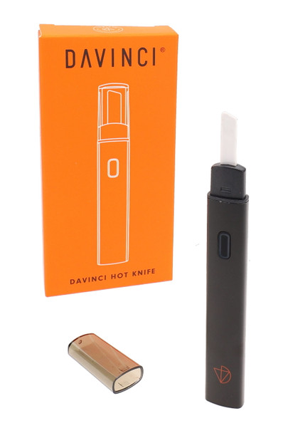 Black DaVinci wholesale hot knife with orange retail box and cap removed, angled concentrate tool product shot