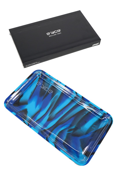 Blue Eyce ProTeck rolling tray with black retail box, angled premium rolling accessory shot for smoke shop displays