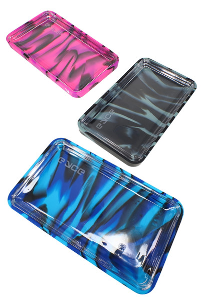 Assorted Eyce wholesale rolling trays with borosilicate glass inserts and multi-color silicone shells, angled group view