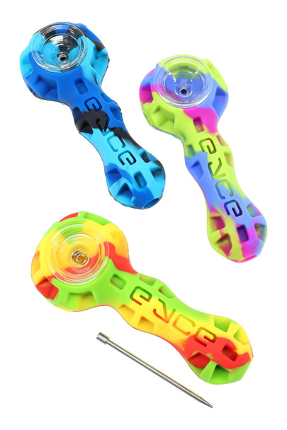 Three assorted Eyce Spoon silicone hand pipes with glass bowls and poker tool, overhead wholesale product shot
