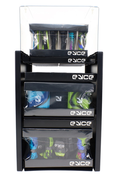 Eyce wholesale 3-tier counter display loaded with assorted Solo, Spoon, and Shorty silicone pipes, front view