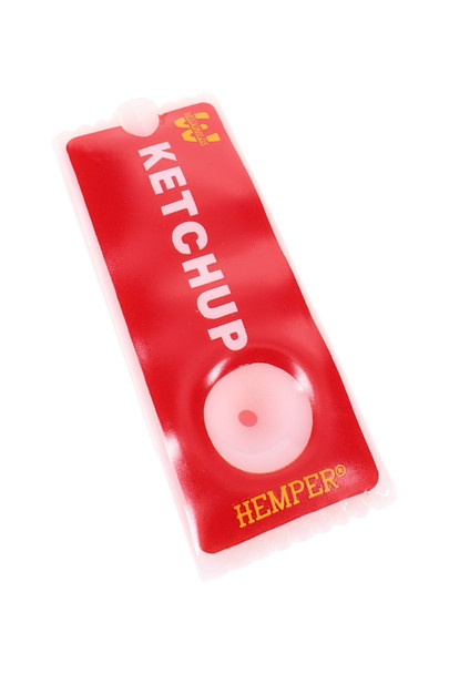 Wholesale hand pipe close-up showing red ketchup packet glass body with white bowl detail and frosted edge trim