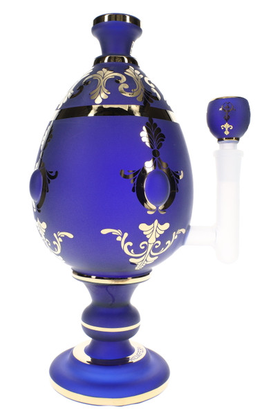 Retail smoke gear close-up of 10.5-inch jeweled egg XL glass bong with ornate blue body and clear stem section