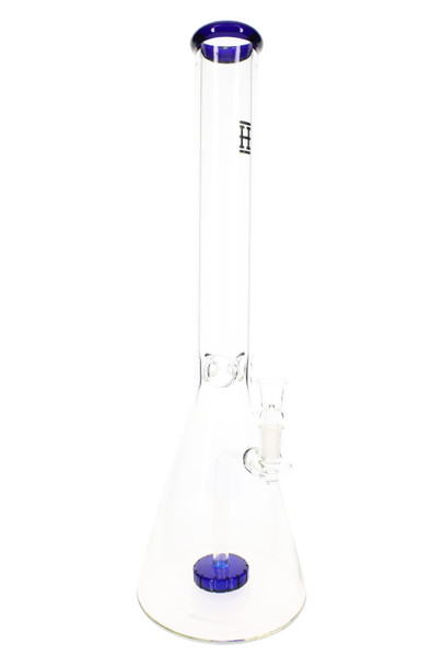 Retail smoke gear photo of clear 18-inch beaker bong with blue accented mouthpiece and base perc, straight-on view