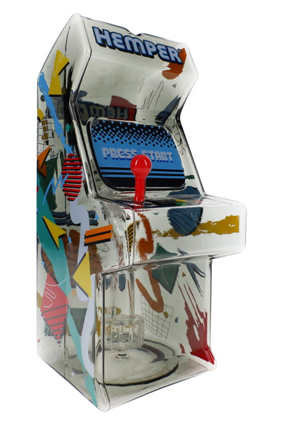 Retail smoke gear close-up of arcade cabinet glass bong with transparent black finish, blue screen graphic, and red joystick