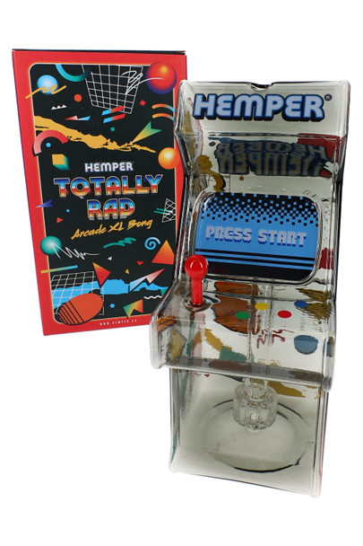 Wholesale glass bong shaped like a 9.5-inch arcade cabinet with smoky body, red joystick, and HEMPER retail box
