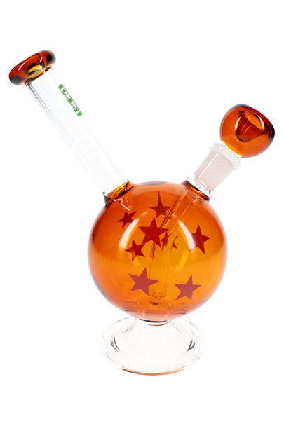 Retail smoke gear close-up of Wish Ball glass bong with amber ball body, clear base, and angled stem front view