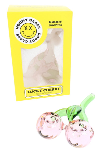 Wholesale hand pipe shaped like lucky cherries with red glass fruit bodies and green stem, angled product view