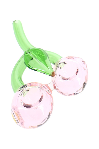Retail smoke gear close-up of 4.5-inch cherry glass hand pipe with twin red bowls and curved green stem
