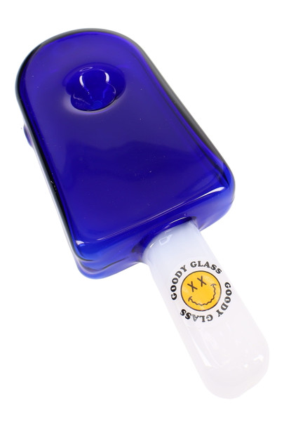 Retail smoke gear close-up of cobalt blue 4.5-inch popsicle glass hand pipe with rounded bowl and white stick handle