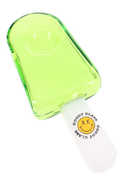 Wholesale novelty hand pipe in translucent neon green popsicle glass with white handle, angled product view