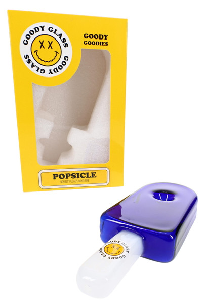 Wholesale hand pipe shaped like a popsicle with cobalt blue glass body, white handle, and Goody Glass retail box