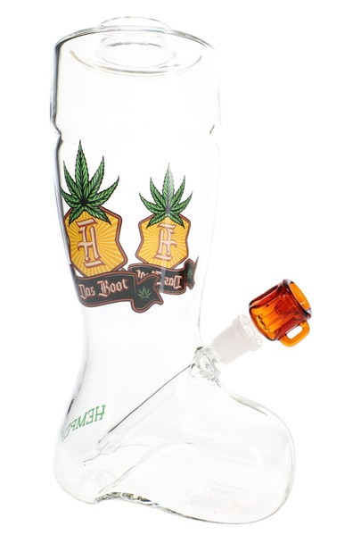 Retail smoke gear close-up of Das Boot XL glass bong with clear boot body, handle detail, and beer mug bowl