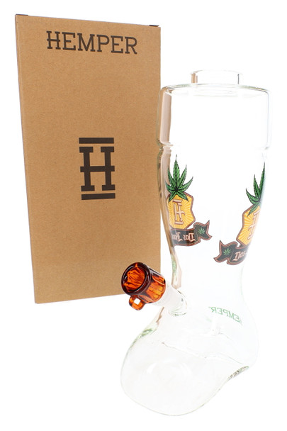 Wholesale glass bong shaped like a clear 10-inch beer boot with themed decal and HEMPER retail box, angled view