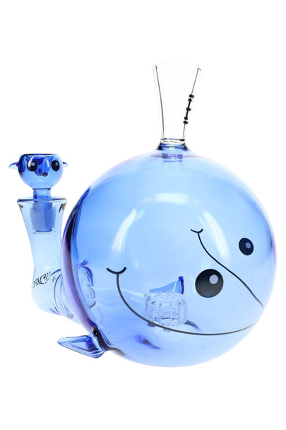Retail smoke gear close-up of 6.25-inch blue whale glass bong with whale tail joint and flower bowl front view
