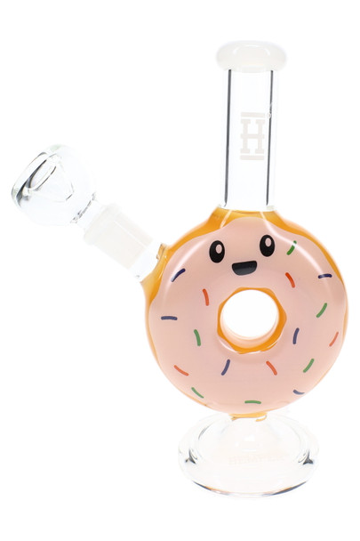 Retail smoke gear close-up of 6.25-inch donut glass bong with white mouthpiece, sprinkles, and face decal