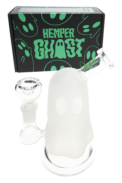 Wholesale ghost bong with frosted glow-in-the-dark body, clear eyes, and HEMPER retail box in angled view