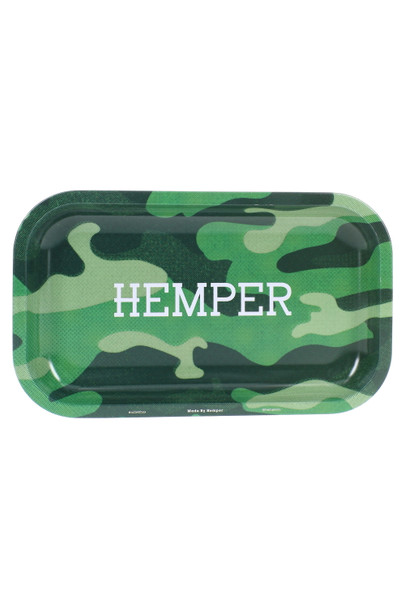 Medium camo Hemper metal rolling tray for smoke shop resale, top-down view with green pattern