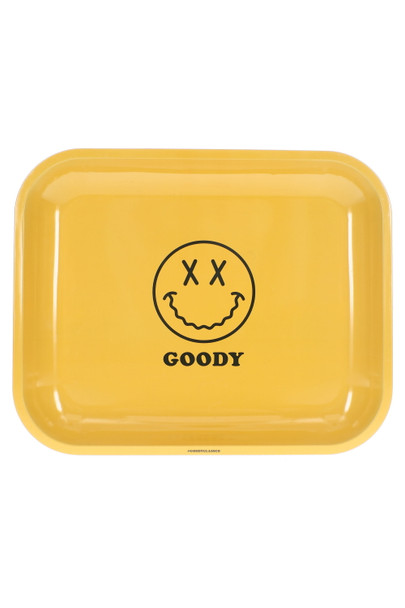 Large yellow Goody Glass metal rolling tray for smoke shop resale, top-down view with black Big Face graphic