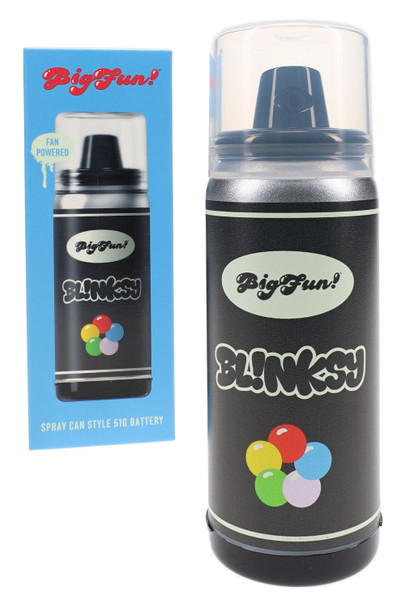 BigFun! Blinksy wholesale 510 concealer vaporizer beside blue retail box, black spray-can body with clear cap.
