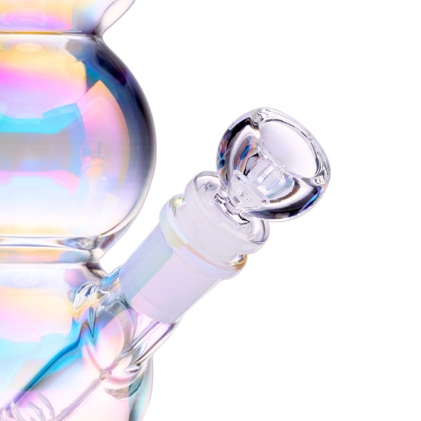 Close-up of BigFun! wholesale water pipe with clear 14 mm bubble bowl and iridescent glass chamber detail.