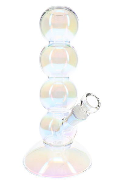 10" iridescent wholesale water pipe with four bubble chambers, flared base, and angled 14 mm joint.