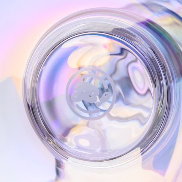 Close-up of BigFun! wholesale water pipe base with glossy iridescent finish and etched bubble logo.