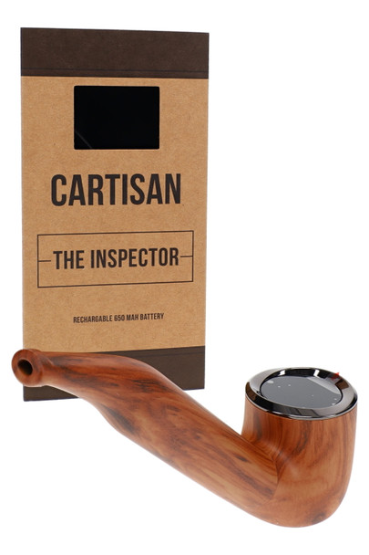 Cartisan The Inspector wholesale 510 battery in burl finish with retail box and warm wood-grain Sherlock pipe profile.