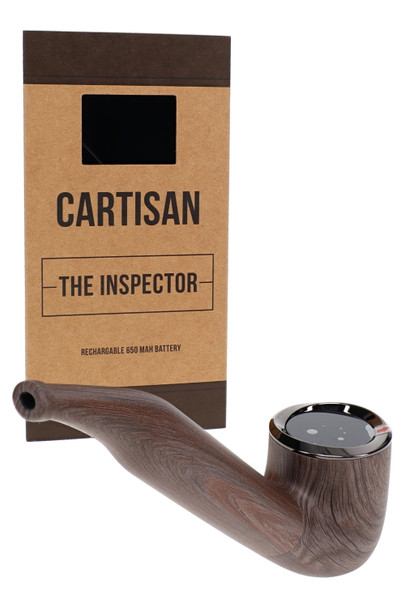 Cartisan The Inspector wholesale 510 battery in driftwood finish with retail box, Sherlock pipe shape, and black display cap.