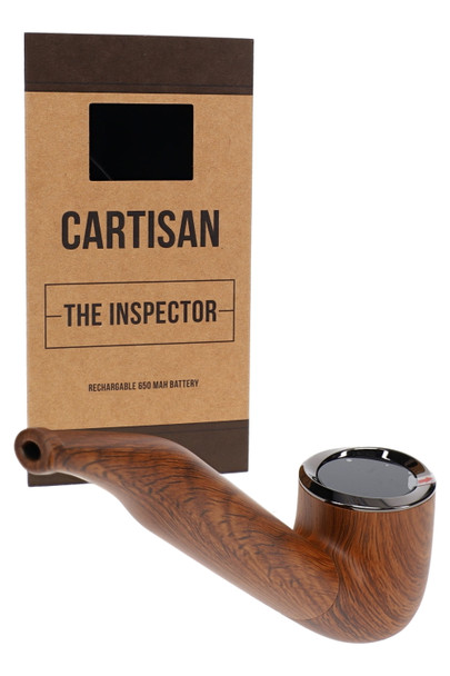 Cartisan The Inspector wholesale 510 battery in walnut finish with retail box and wood-grain Sherlock pipe design.