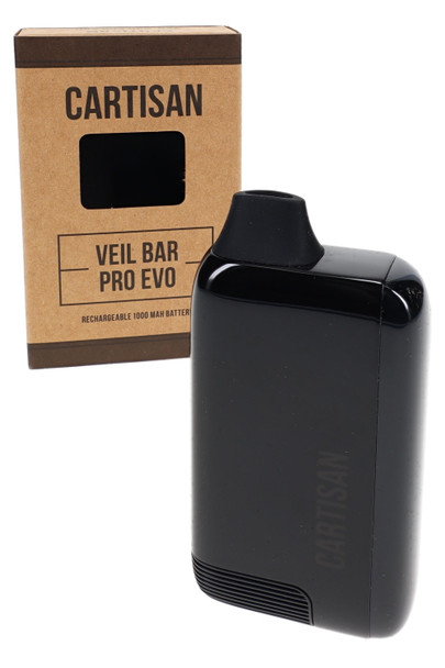 Cartisan Veil Bar Pro EVO vaporizer in solid black with black mouthpiece, displayed beside branded retail box on a light gray background.