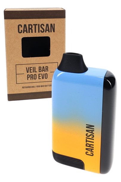 Cartisan Veil Bar Pro EVO vaporizer in a blue-to-yellow gradient with black mouthpiece, displayed beside branded retail packaging on a light gray background.