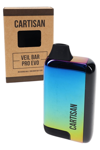 Cartisan Veil Bar Pro EVO vaporizer in an iridescent rainbow finish with black mouthpiece, photographed next to branded retail box on a light gray background.