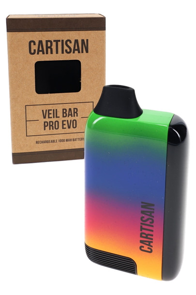 Cartisan Veil Bar Pro EVO vaporizer in a multicolor gradient finish with green, blue, pink, and yellow tones, shown next to branded retail packaging on a light gray background.