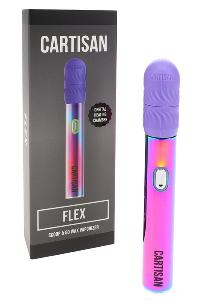 Cartisan Flex wholesale wax vaporizer in rainbow finish with purple mouthpiece and retail box, front display view.