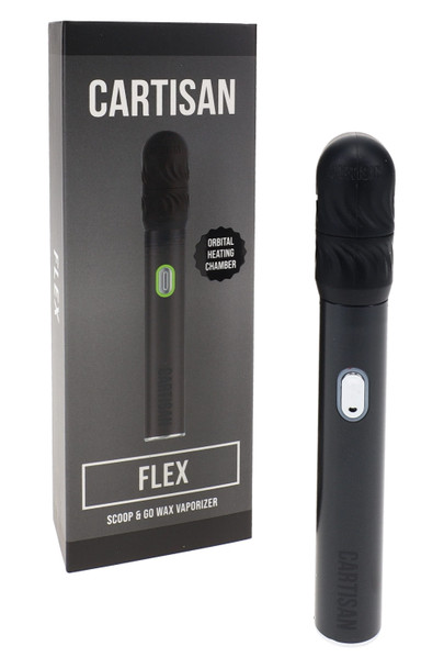 Cartisan Flex wholesale wax vaporizer kit with black battery and orbital heating chamber, boxed front product shot.