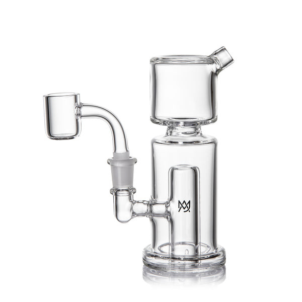 Clear MJ Arsenal wholesale mini dab rig with 10 mm quartz banger, bucket recycler top, and compact column chamber.