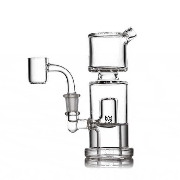 Rotating view of clear MJ Arsenal wholesale column mini dab rig with compact chamber and angled 10 mm banger.