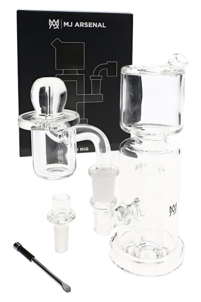 MJ Arsenal wholesale mini dab rig kit with clear glass rig, 10 mm banger, carb cap, bowl, dab tool, and retail box.