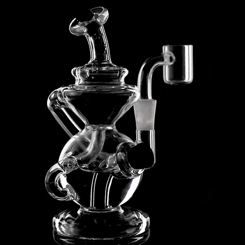 Rotating view of clear MJ Arsenal wholesale Mini Jig dab rig with curved recycler tubing and 10 mm banger.