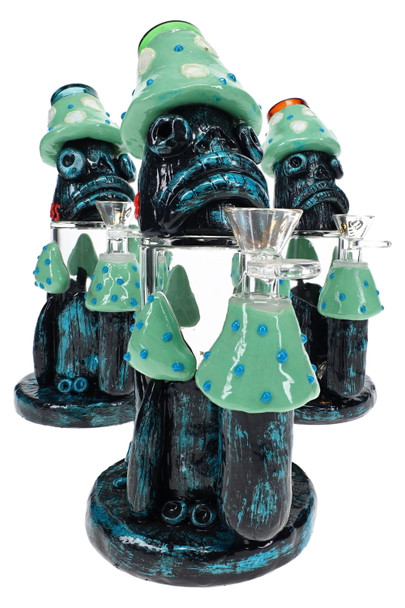 Assorted 8" wholesale water pipes with glow mushroom creature faces, mint caps, and clear 14.5 mm bowls.