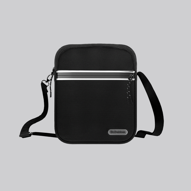 Black Dr. Dabber tour bag for head-shop supplies with shoulder strap, front zipper trim, and logo badge.