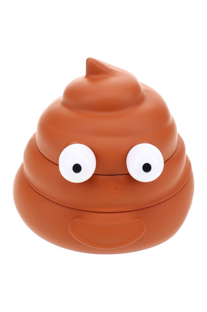 Brown 1.75" poop emoji grinder front view with raised eyes and smile, wholesale novelty grinder