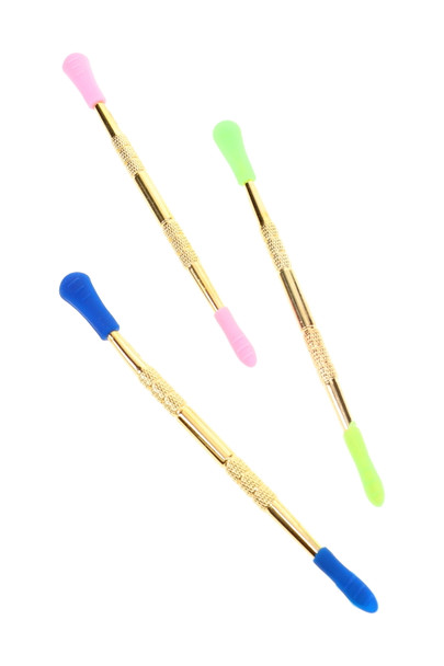 Three 4.5" gold metal dab tools with blue, pink, and green silicone tips for wholesale dab accessories