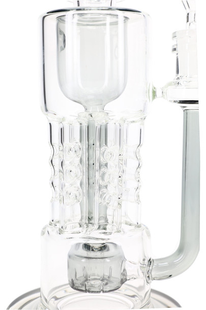 Close-up of clear six-chamber recycler body and showerhead perc, wholesale water pipe detail view